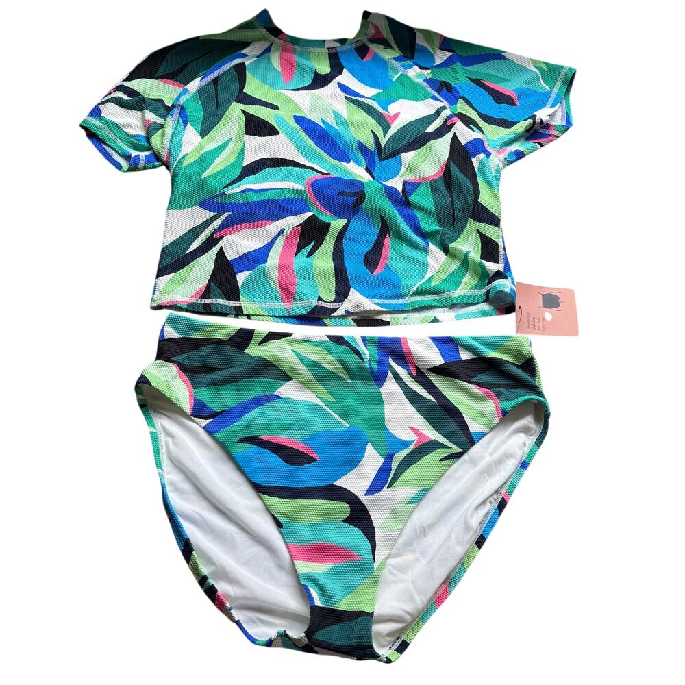 Shade & Shore Women Tropical Print High Waist Bikini Large 12-14 Modest Padded